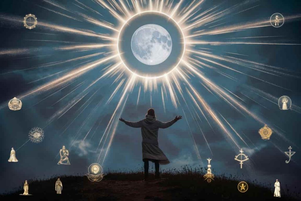 A person with outstretched arms on a hilltop, gazing at a moon with a halo that emits light rays forming diverse spiritual symbols.