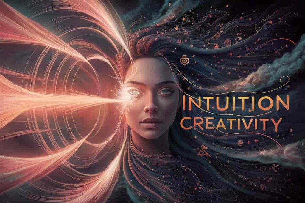 A woman with open right eye emitting energy waves, surrounded by intuition and creativity symbols