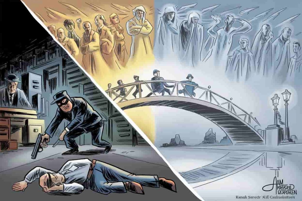 Split image contrasting a robbery scene with a spiritual realm, connected by a bridge of light, with ethereal figures representing karmic concepts.