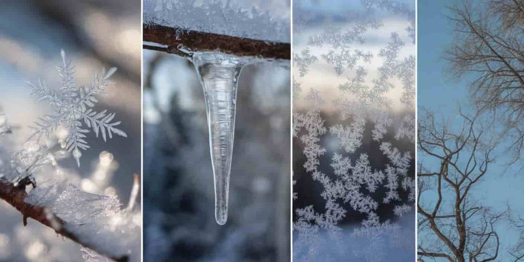 Collage of winter elements - snowflake, icicle, frost, and bare branches - with spiritual meanings labeled