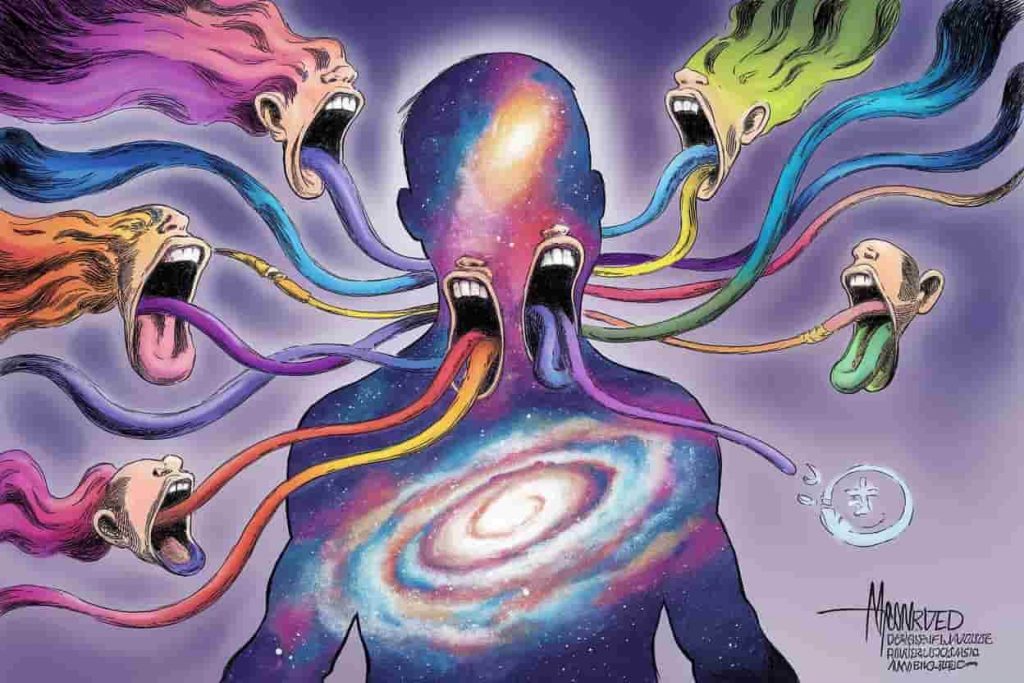 Human silhouette filled with galaxy, multiple yawning mouths releasing colorful energy streams