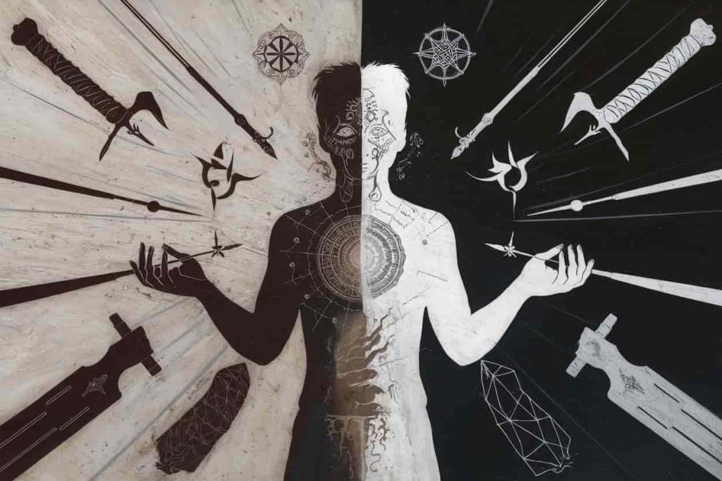 Abstract image of a person's silhouette divided into light and dark halves, surrounded by floating weapons and spiritual symbols.