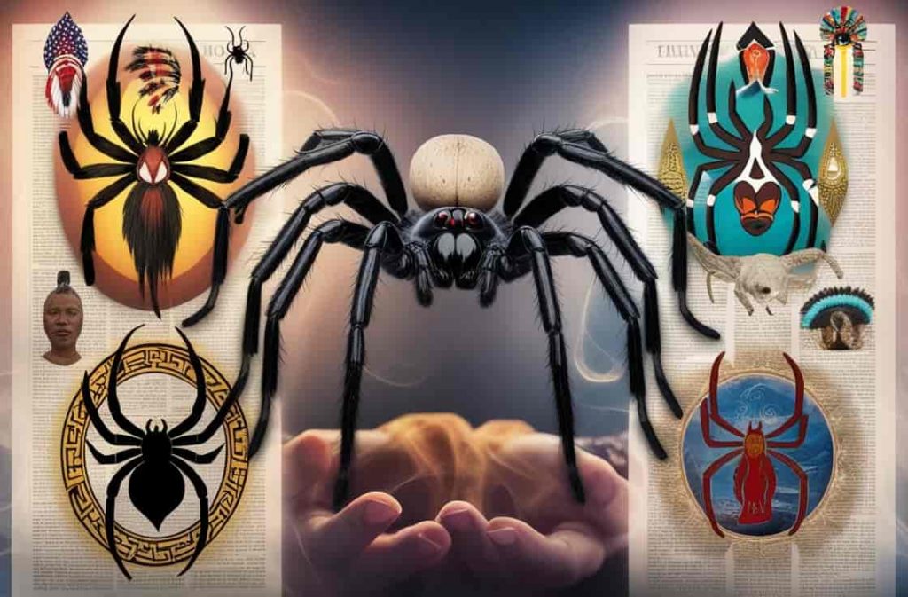 Collage of spider species with diverse cultural symbols representing spiritual meanings from various traditions.