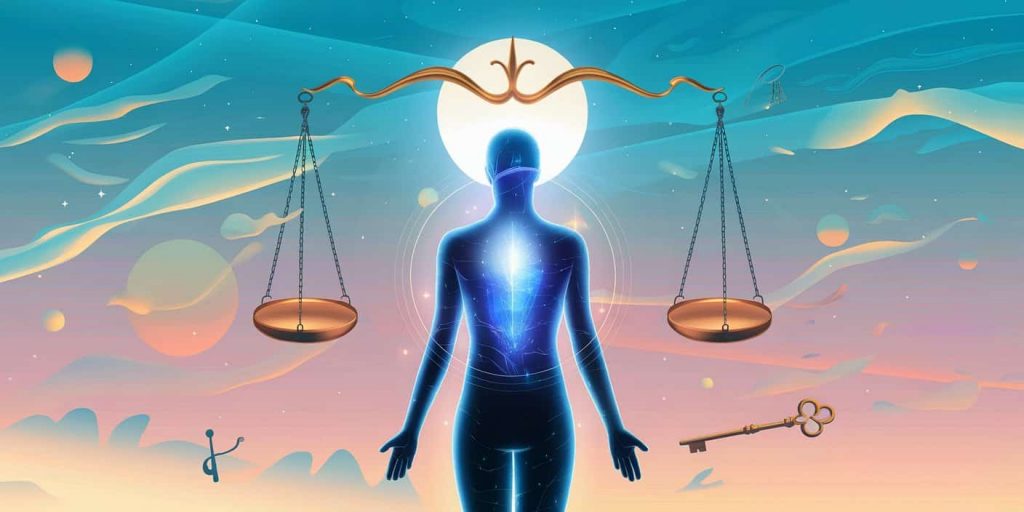 Translucent figure under daytime moon with symbolic elements