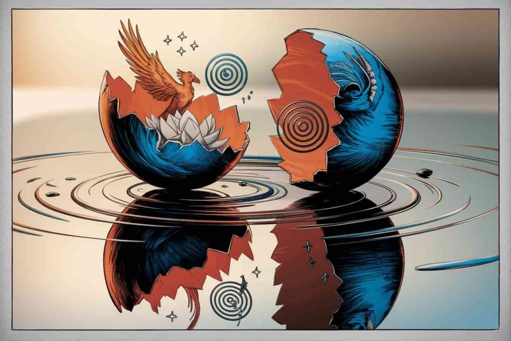 Partially broken egg revealing spiritual symbols like a phoenix, lotus, and spiral, placed on a reflective surface with warm lighting.