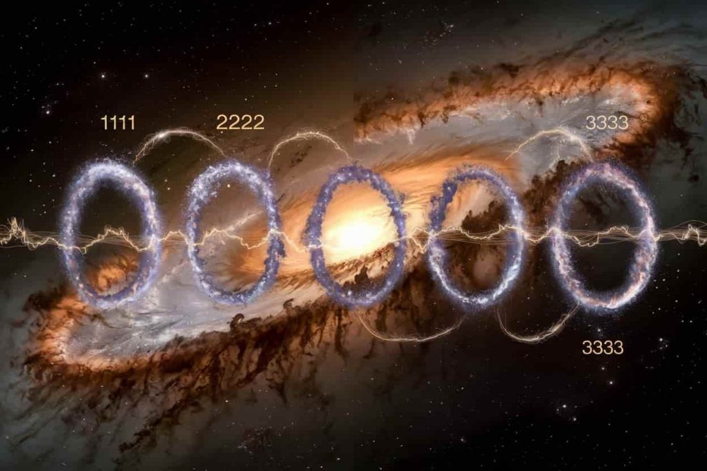 Cosmic scene with galaxies forming 00000, energy streams connecting zeros, and other angel numbers in the background, illustrating the symbolism and energy of 00000.