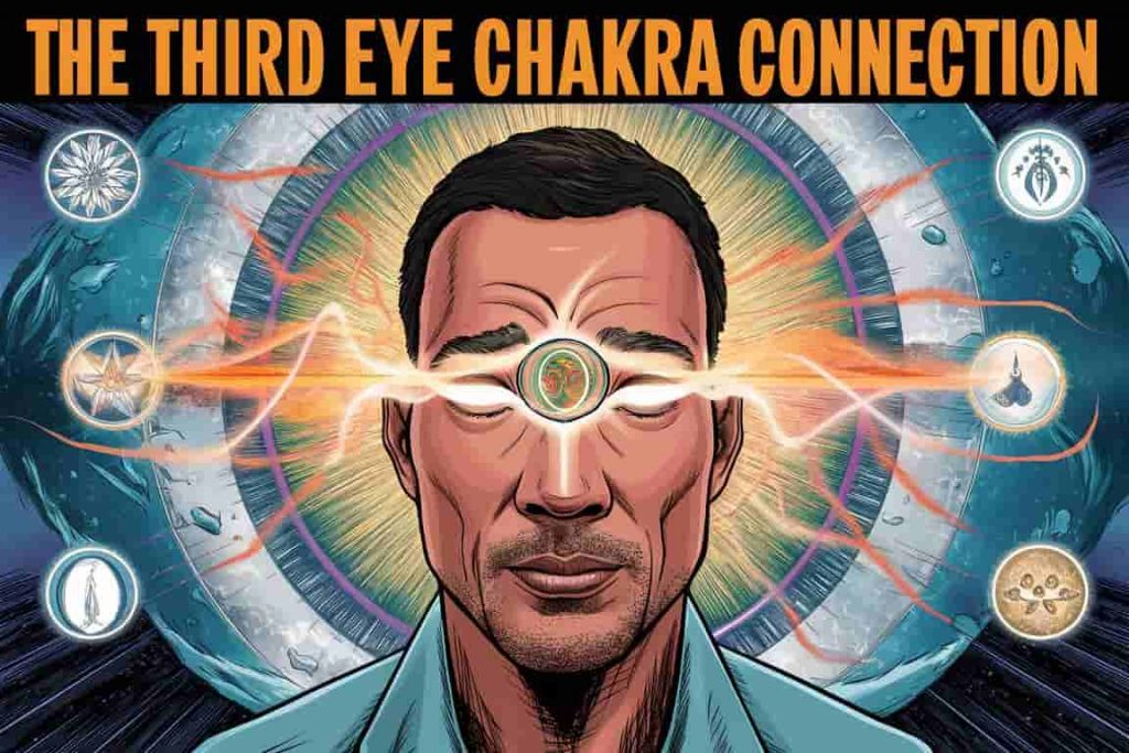A cartoon featuring a glowing third eye symbol between eyebrows, surrounded by spiritual energy waves, illustrating the chakra connection.
