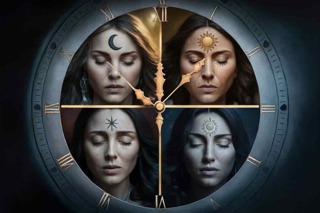 Clock face divided into quadrants, each showing a woman with eye twitching and time-specific spiritual symbols
