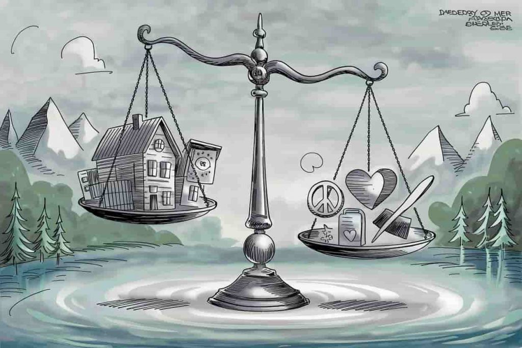 Scales balancing material possessions against spiritual symbols, with items floating away from the material side.