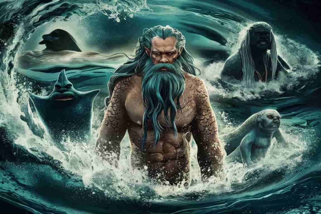 Cartoon of mythological creatures with webbed features emerging from water