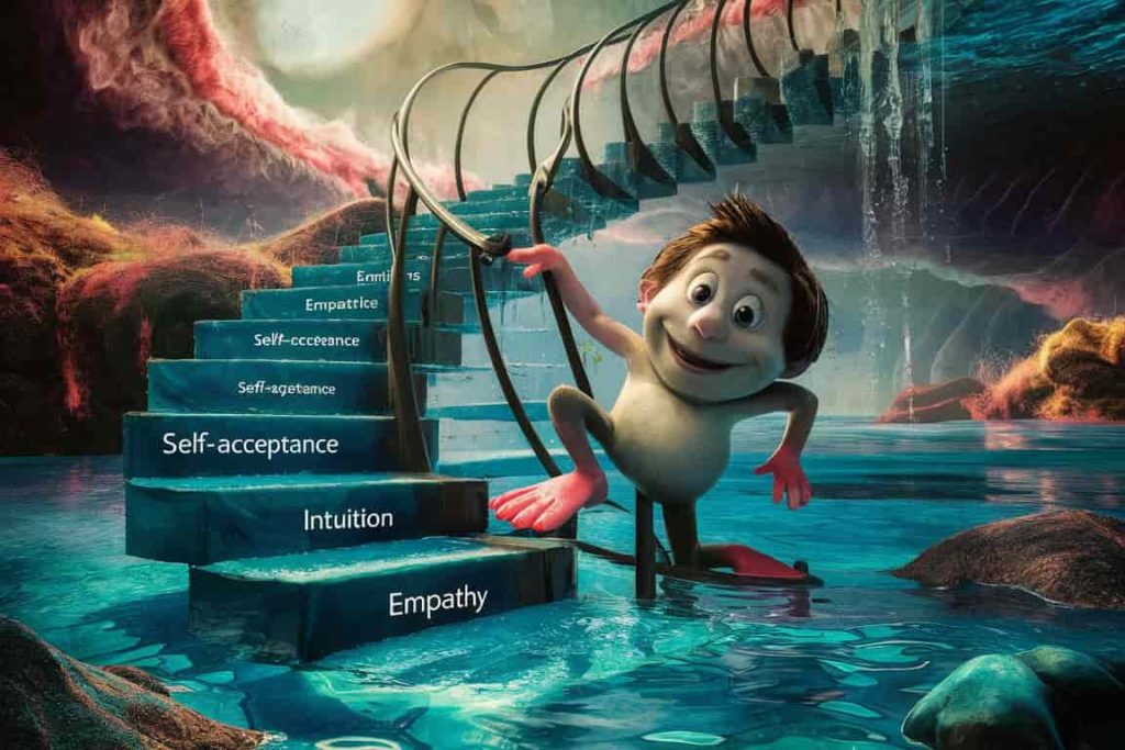 Cartoon of person with webbed toes ascending water staircase of personal growth