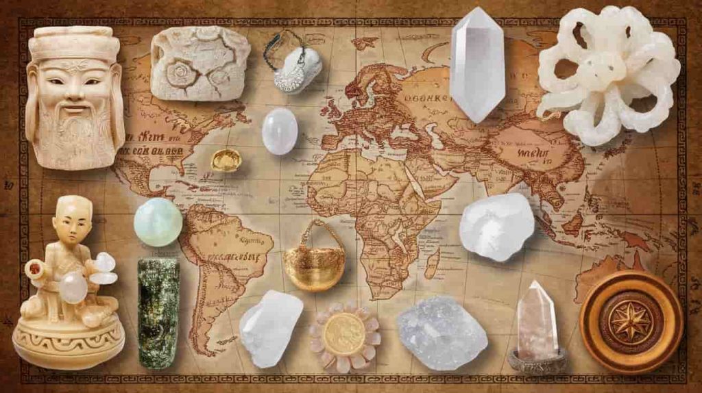 Diverse white jade artifacts from different cultures arranged on an antique world map