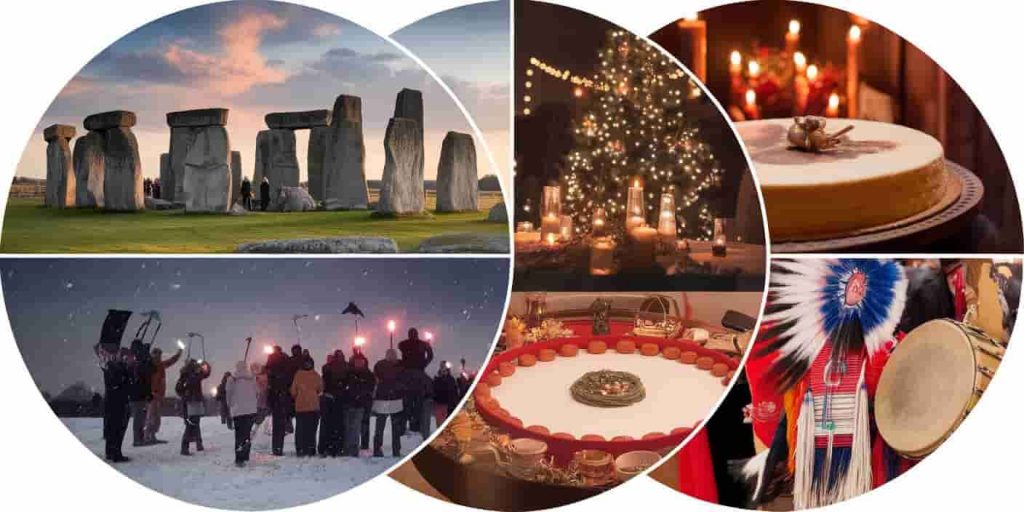 A circular collage of diverse winter solstice celebrations from various cultures around the world
