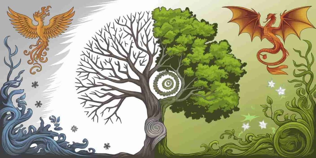 A tree half bare and half in bloom, surrounded by symbols of resilience and transformation