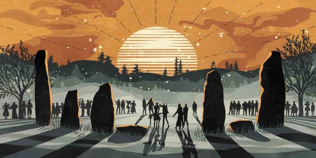 Artistic depiction of winter solstice celebration with ancient monuments and low sun