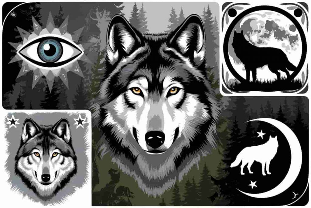 Collage of wolf symbols representing intuition, loyalty, freedom, and lunar connection