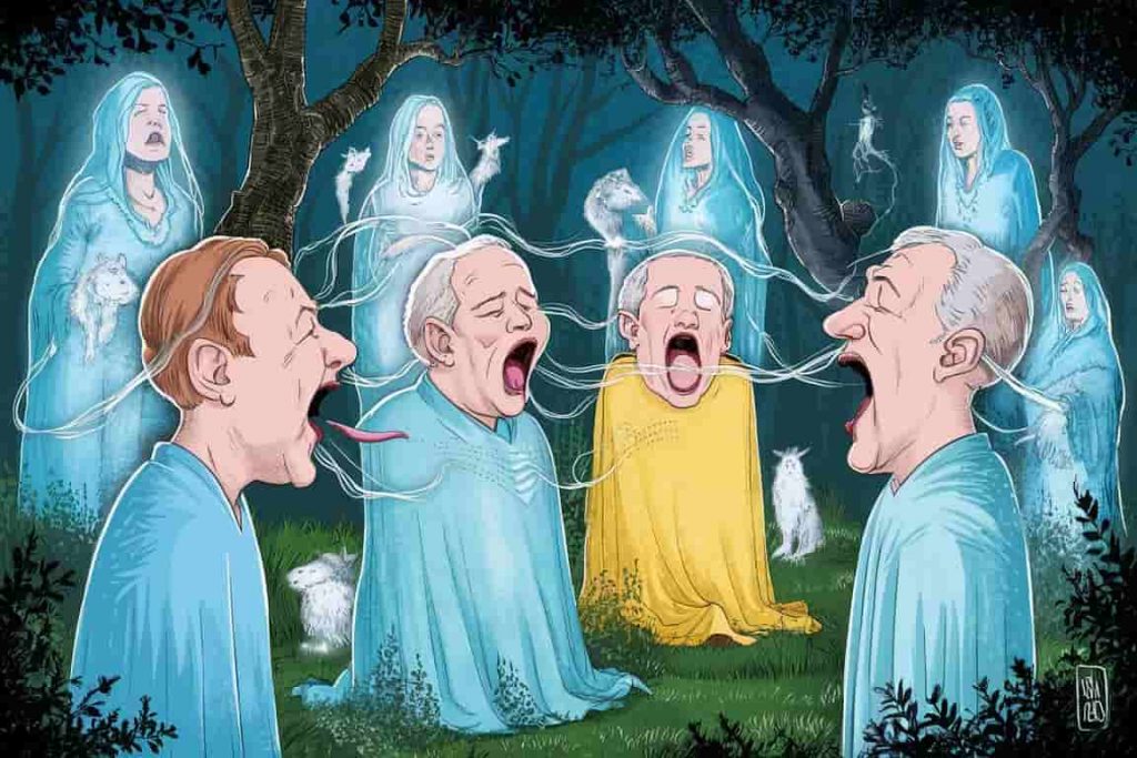 Ethereal figures in a forest, communicating through yawns with visible energy threads