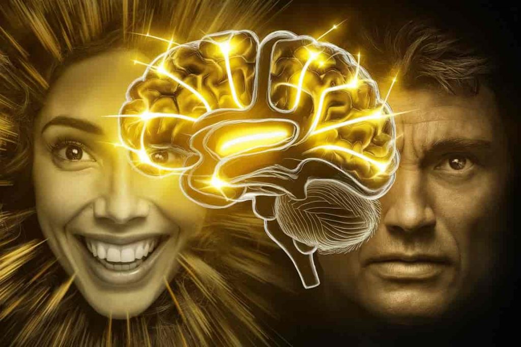 Brain with yellow synapses, flanked by faces expressing joy and overcoming fear in yellow tones