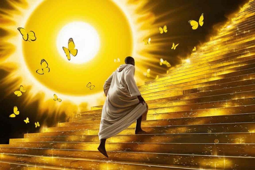 Person ascending golden stairs towards a bright yellow sun, surrounded by yellow butterflies