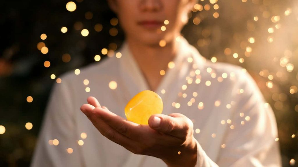 Person holding yellow jade stone with peaceful expression and golden aura
