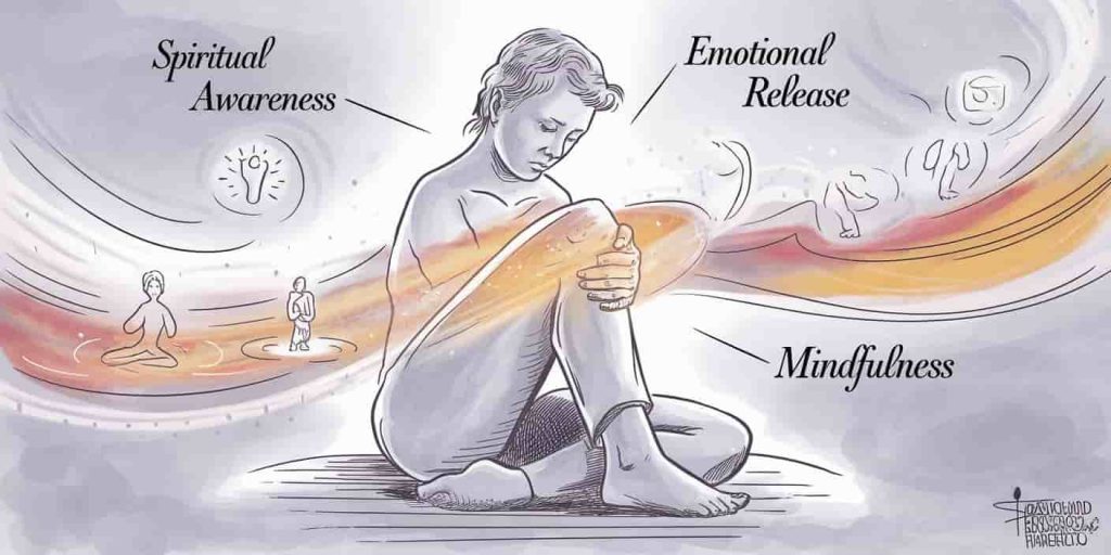 Person in reflective pose with prominent right ankle, surrounded by flowing energy patterns and symbols of spiritual awareness