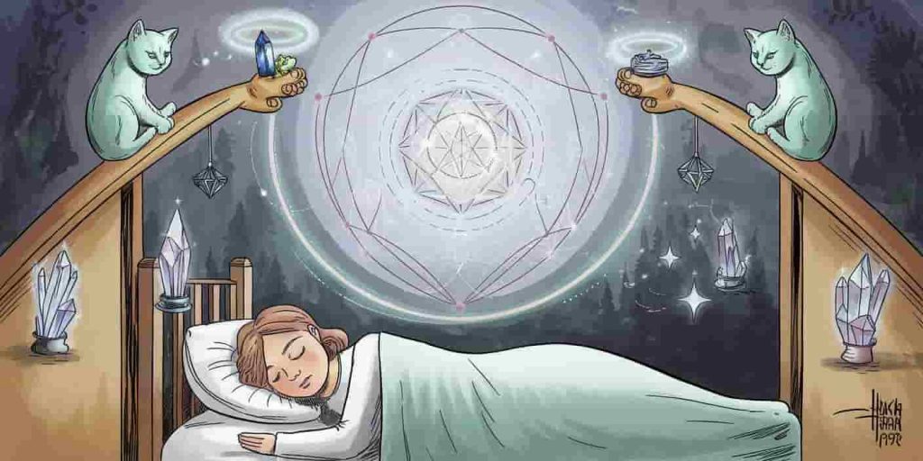 Person sleeping peacefully under a protective energy shield with cat-like guardians and spiritual symbols