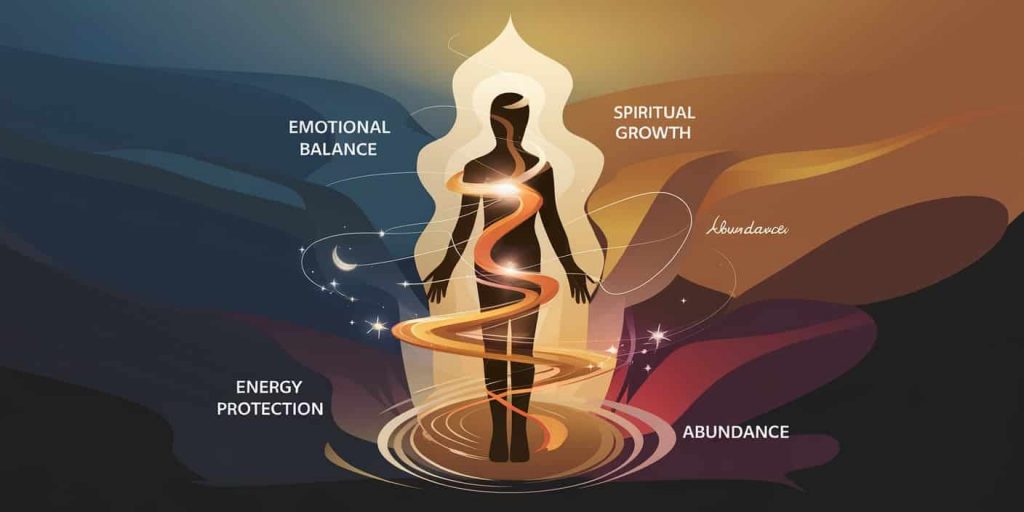 Abstract human silhouette filled with swirling amber energy, surrounded by symbols of emotional balance, spiritual growth, energy protection, and abundance on a gradient background from deep blue to warm gold.