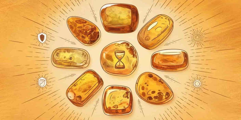 A circular arrangement of diverse amber pieces resembling a sun, with each piece showcasing unique inclusions and surrounded by subtle symbols representing different spiritual meanings on a warm, golden background.