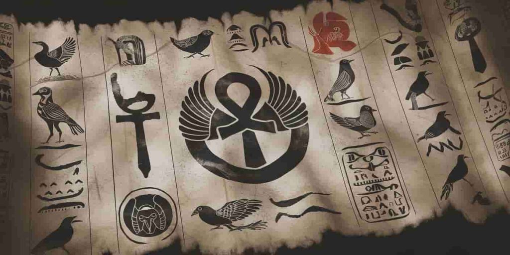 An ancient Egyptian papyrus scroll featuring various bird hieroglyphs, life and death symbols, showcasing the historical spiritual significance of birds in Egyptian culture.