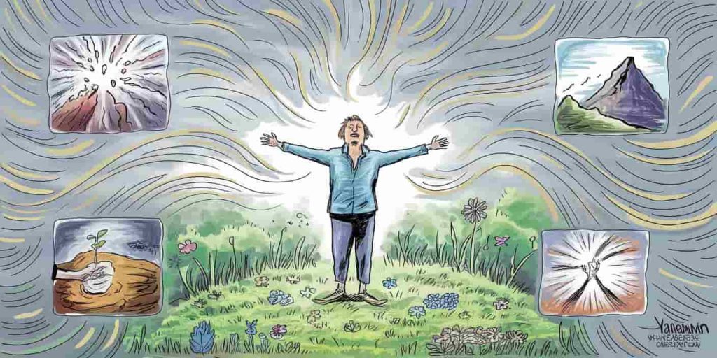 A person standing with arms outstretched in a lush April landscape, surrounded by swirling energy patterns and vignettes depicting personal transformation through breaking chains, climbing, planting, and embracing light.