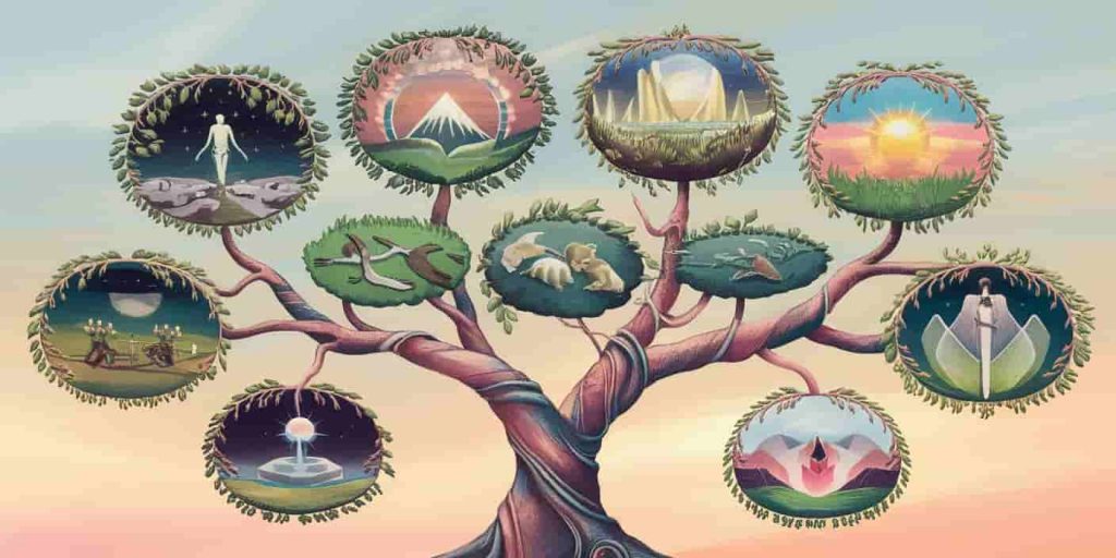 A symbolic tree with seven main branches, each adorned with symbols or scenes representing April's spiritual lessons, including a butterfly for new beginnings and an hourglass for patience, in a soft, dreamy art style.