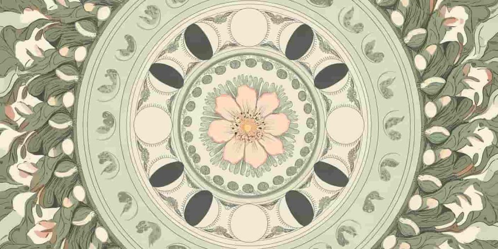 A circular mandala design featuring a blooming flower at the center, surrounded by concentric circles filled with symbols of renewal, rebirth, and awakening, including eggs, sprouting seeds, and moon phases.