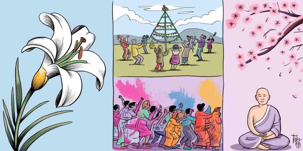 A split-screen image with four quadrants showing April's significance in different spiritual traditions: Easter lily for Christianity, Maypole for Paganism, colorful Holi powders for Hinduism, and cherry blossoms for Buddhism.