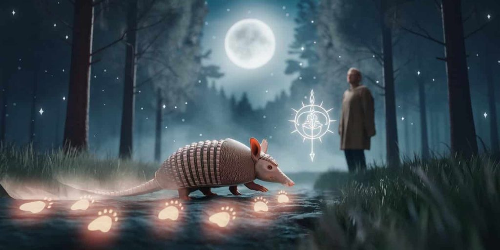 Dreamlike scene of an armadillo crossing a person's path in a moonlit forest, leaving glowing footprints with spiritual symbols floating around