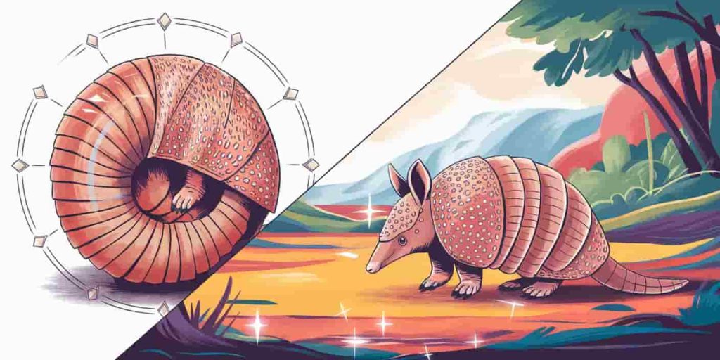 Split-screen illustration of an armadillo curled in a protective ball with a shield, and uncurled on vibrant earth, symbolizing protection and grounding
