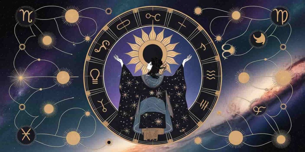 A Ukiyo-e-inspired dark fantasy 3D render of a person at the center of a zodiac wheel, forming a solar eclipse, surrounded by astrological symbols and cosmic elements