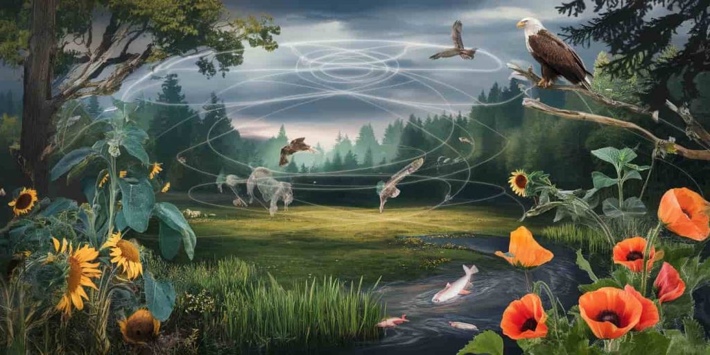 Lush forest clearing with August-associated animals and plants, connected by subtle energy lines representing interconnectedness of nature's spiritual cycles