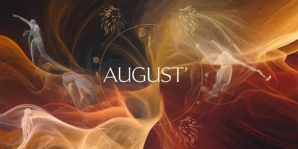 Abstract image with swirling warm colors, subtle lion shapes, and sun symbols, featuring ethereal human figures in harmony with August's spiritual energies