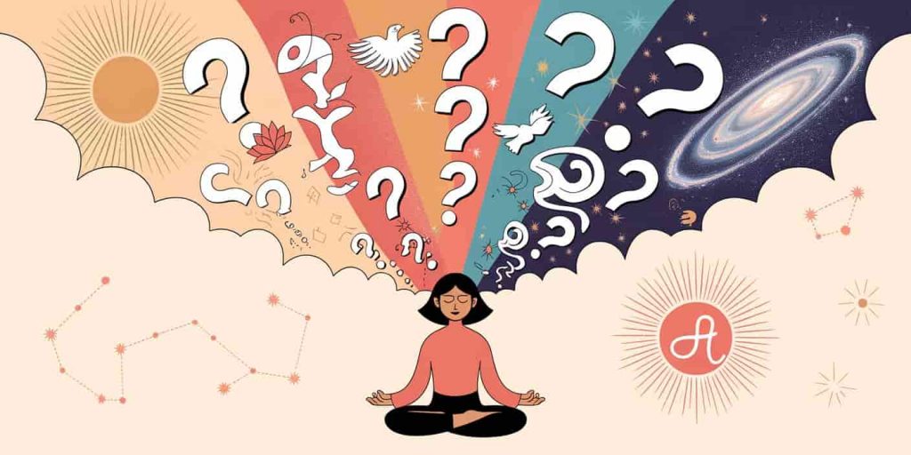 Figure surrounded by floating question marks transforming into spiritual wisdom symbols, with August energy references like sun rays and Leo constellation patterns in background