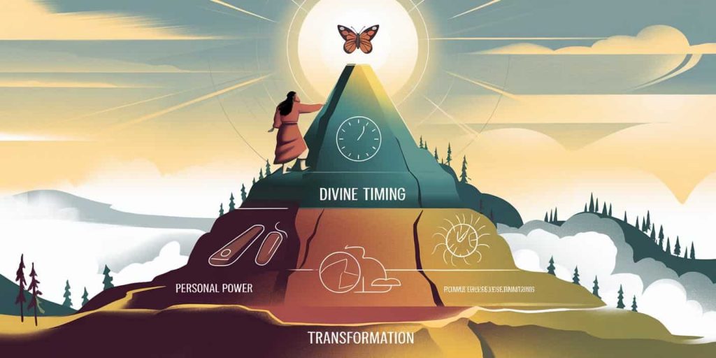 Human figure climbing a symbolic mountain with levels representing spiritual lessons, featuring symbols of personal power, divine timing, and transformation with color gradient from earthy to golden hues