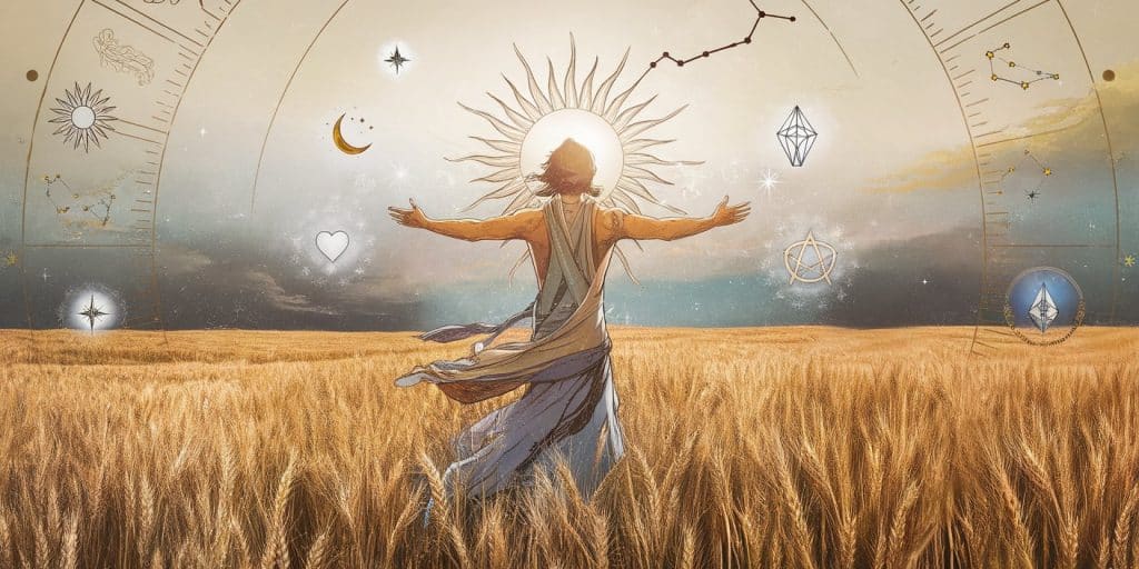 Mystical scene with a figure in a golden wheat field embracing sunlight, surrounded by spiritual symbols and a partial zodiac wheel highlighting Leo constellation