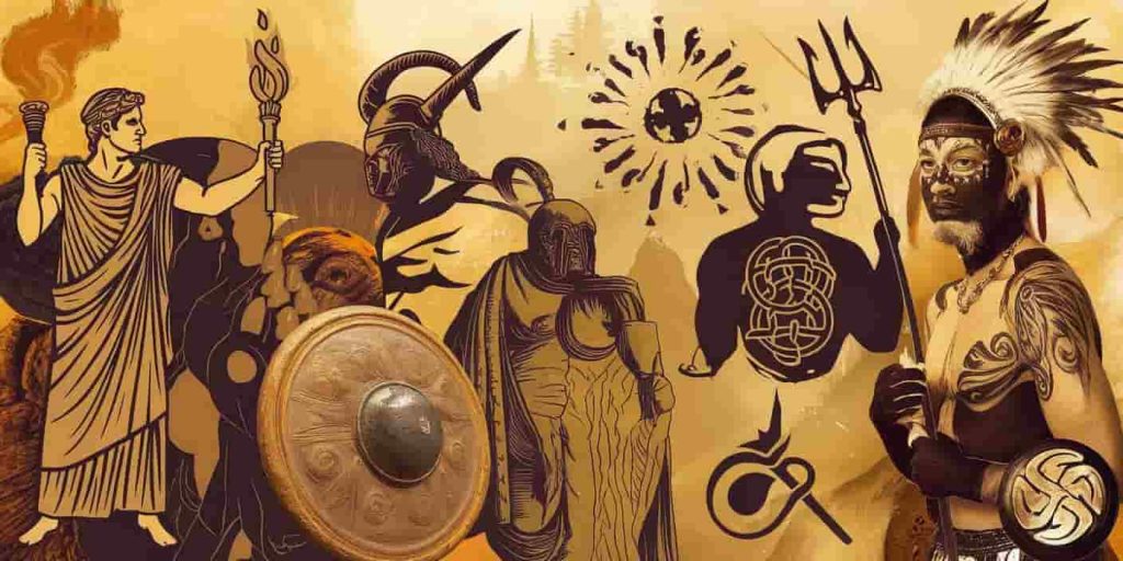 Collage-style image with symbols and figures from various spiritual traditions celebrating August, including Ancient Roman, Celtic, Hindu, and Native American practices on a warm golden background