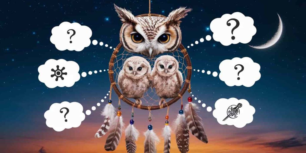 Owl-shaped dreamcatcher with baby owls, surrounded by thought bubbles with questions and symbolic answers on starry night background