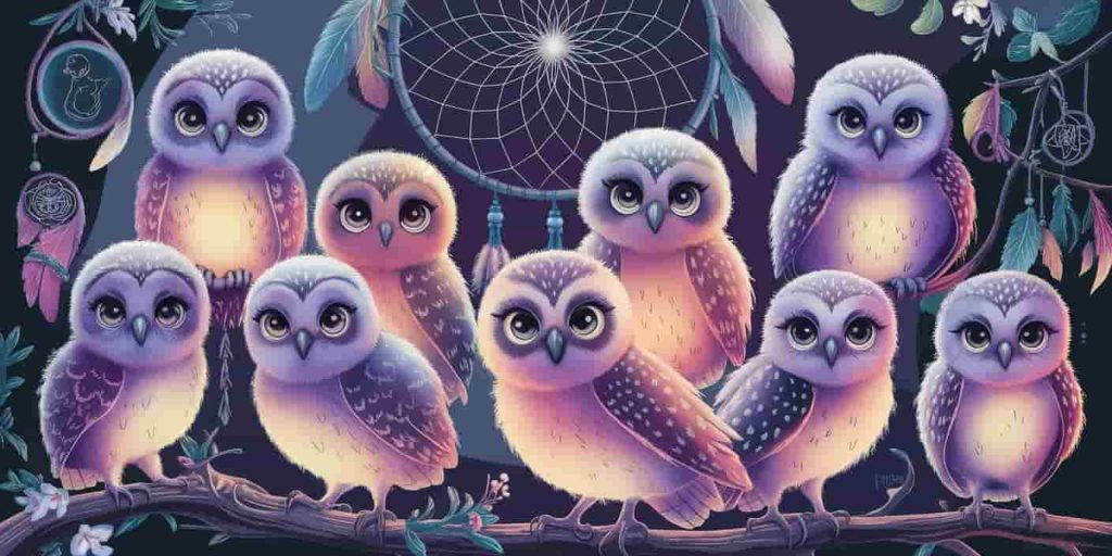Collection of glowing baby owls surrounded by wisdom and intuition symbols, with dreamcatcher in mystical purple and blue background