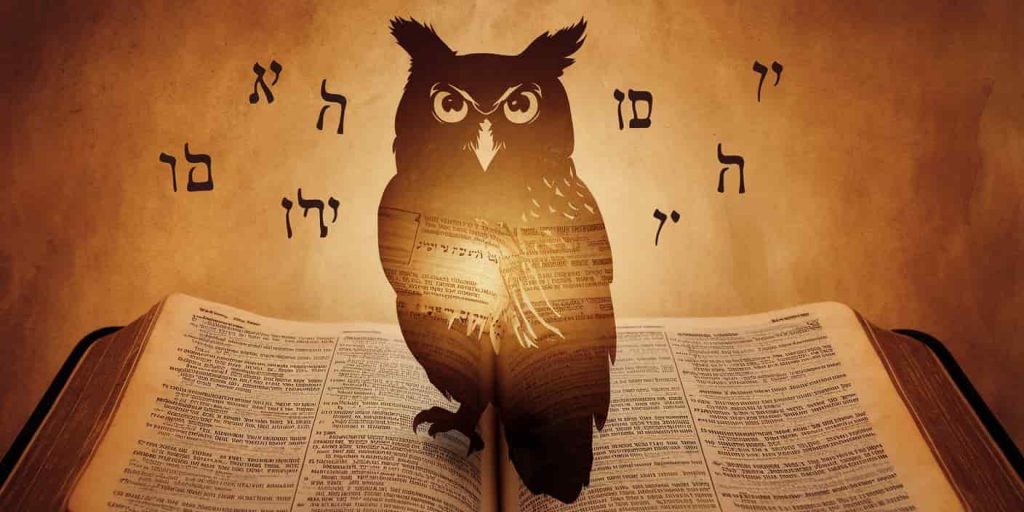 Translucent owl silhouette overlaid on an open Bible page with Hebrew letters, representing biblical symbolism of owls