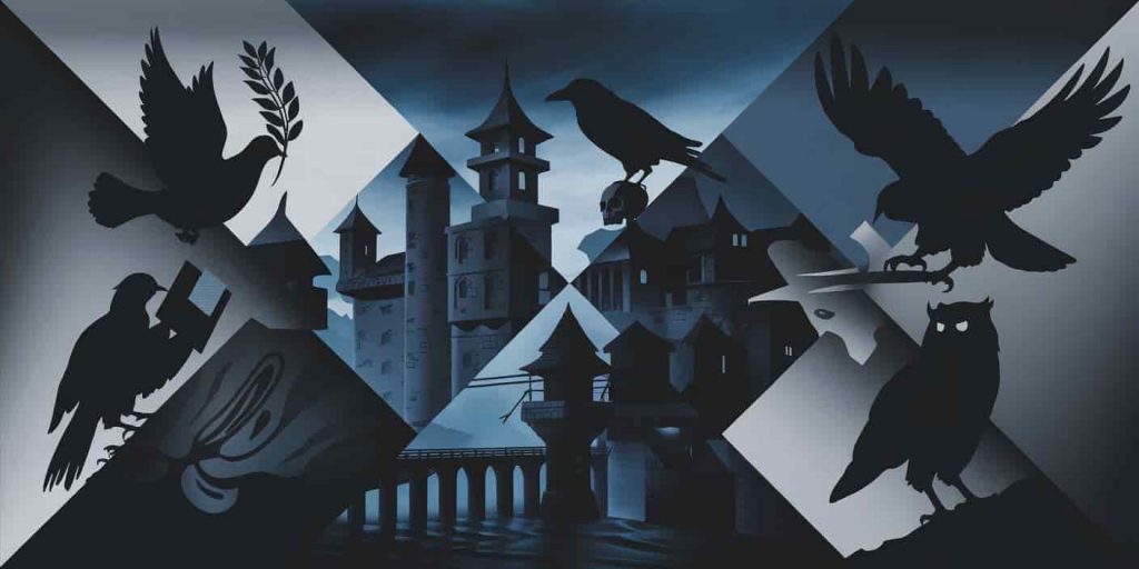 An composed of different bird silhouettes arranged symmetrically, featuring doves, crows, eagles, and owls with their symbolic elements integrated.