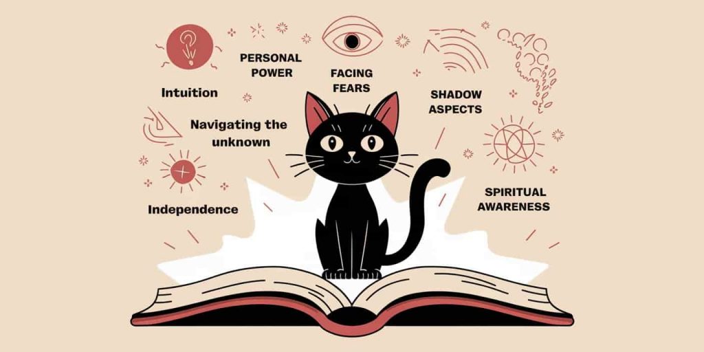 A wise black cat sitting on an open book surrounded by floating symbols representing various spiritual lessons.