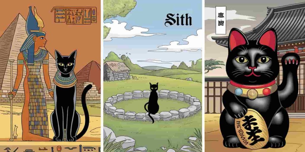 A triptych image showing Egyptian, Celtic, and Asian cultural representations of black cats with distinct symbols and settings.