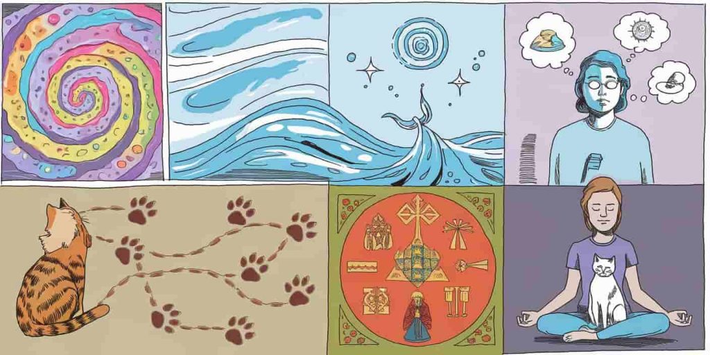 Collage-style illustration depicting five key spiritual aspects of black cats, answering common questions about their role in spiritual awakening, energy cleansing,