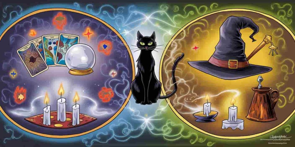A circular image divided into three sections showing divination, meditation, and magical practices with a black cat at the center.